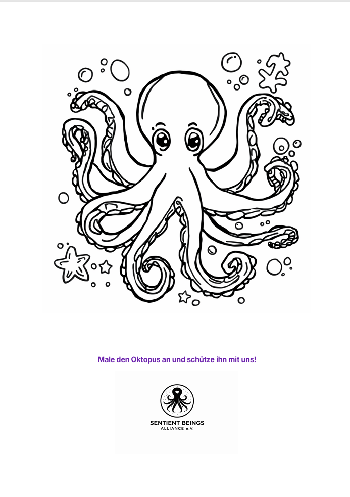 Schwarz-weiß Malvorlage eines Oktopus mit großen, niedlichen Augen, umgeben von Muscheln, Sternen und Blasen, mit einem Text darunter: "Male den Oktopus an und schütze ihn mit uns!" sowie einem Logo der Organisation SENTIENT BEINGS ALLIANCE e.V.