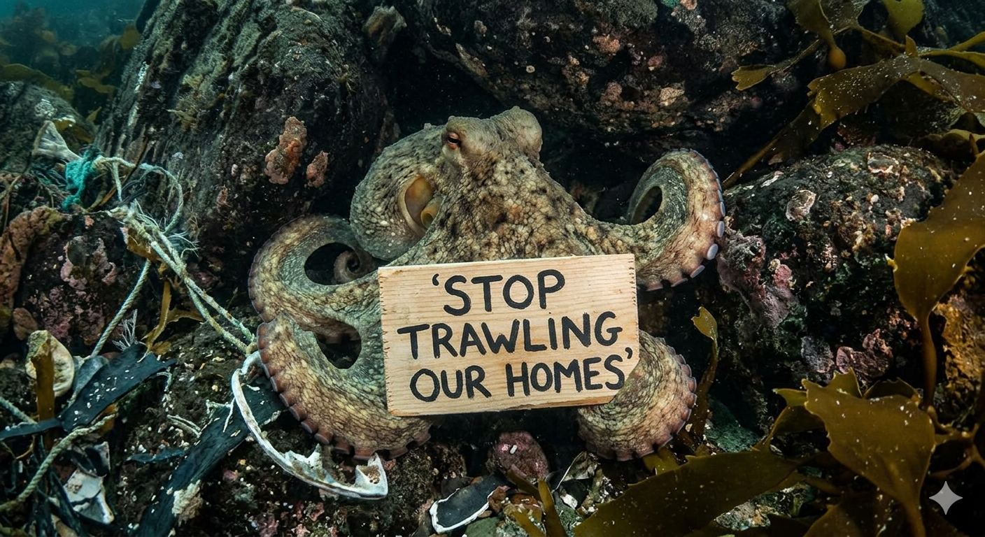 Ein Oktopus in einem Meeresabschnitt hält ein Holzschild mit der Aufschrift 'Stop Trawling Our Homes' zwischen Seegras und Felsen.