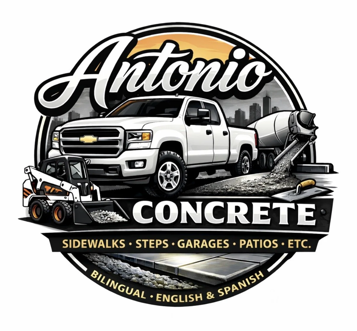 Logo for Antonio Concrete featuring a white pickup truck, construction equipment, a concrete mixer, and text indicating services for sidewalks, steps, garages, and patios, available in English and Spanish.