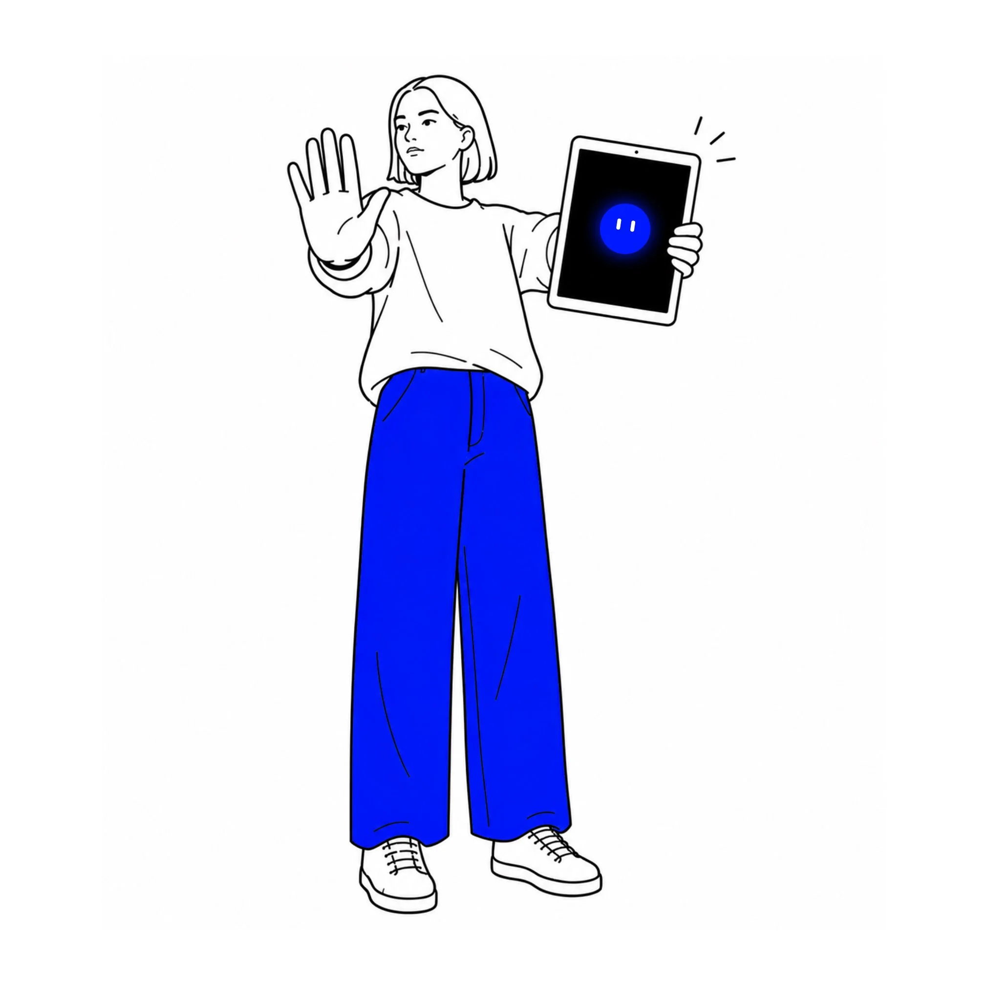 Eine schwarz-weiß Illustration einer jungen Frau mit Schulterlange Haare, die eine Hand nach vorne hebt, während sie in der anderen Hand ein Smartphone hält, auf dem ein blaues, leuchtendes Smile-Gesicht zu sehen ist.