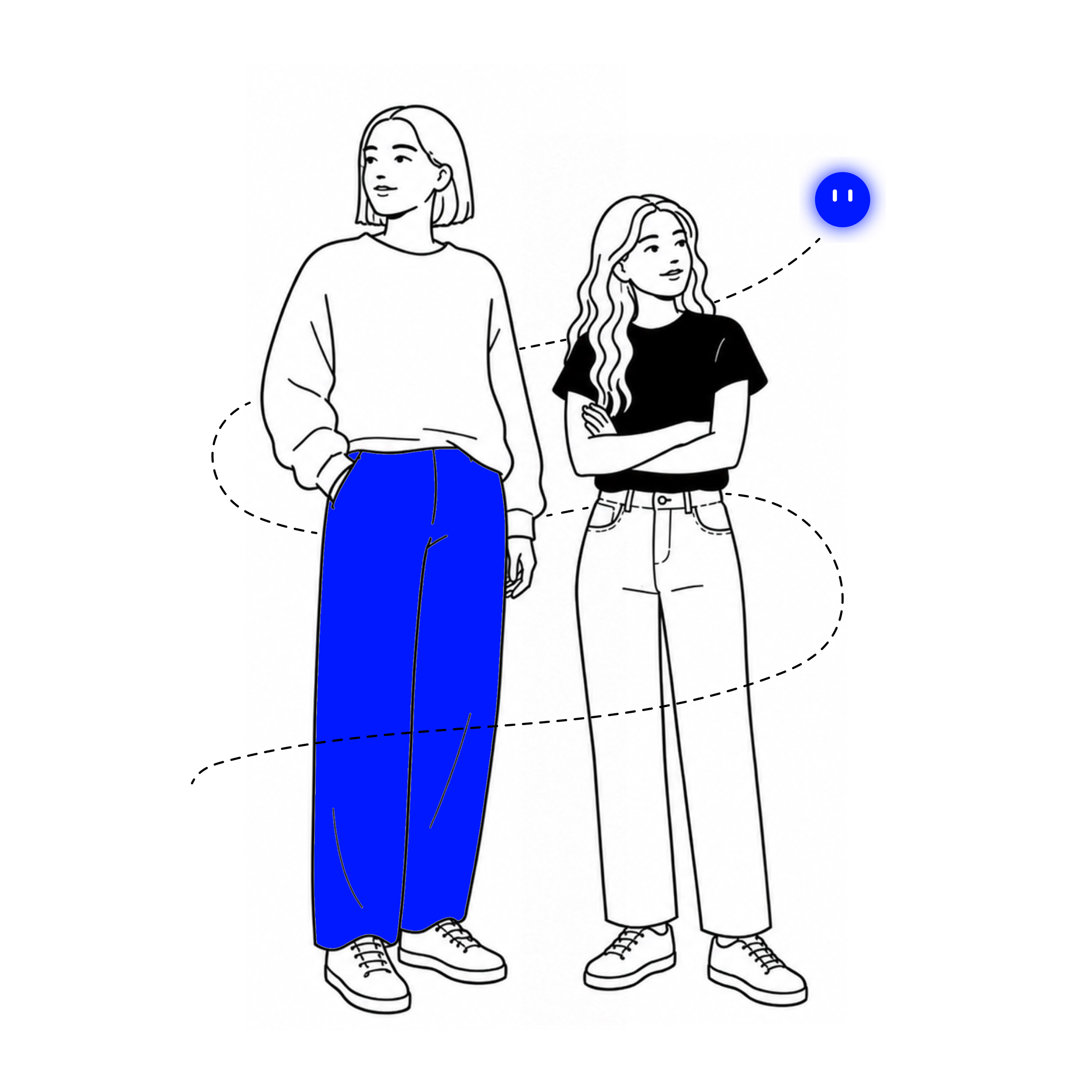 Linienzeichnung von zwei jungen Frauen, bei denen die Kleidung teilweise farbig dargestellt ist, mit blauen Hosen und schwarzen Oberteilen, in einer minimalistischen Illustration.