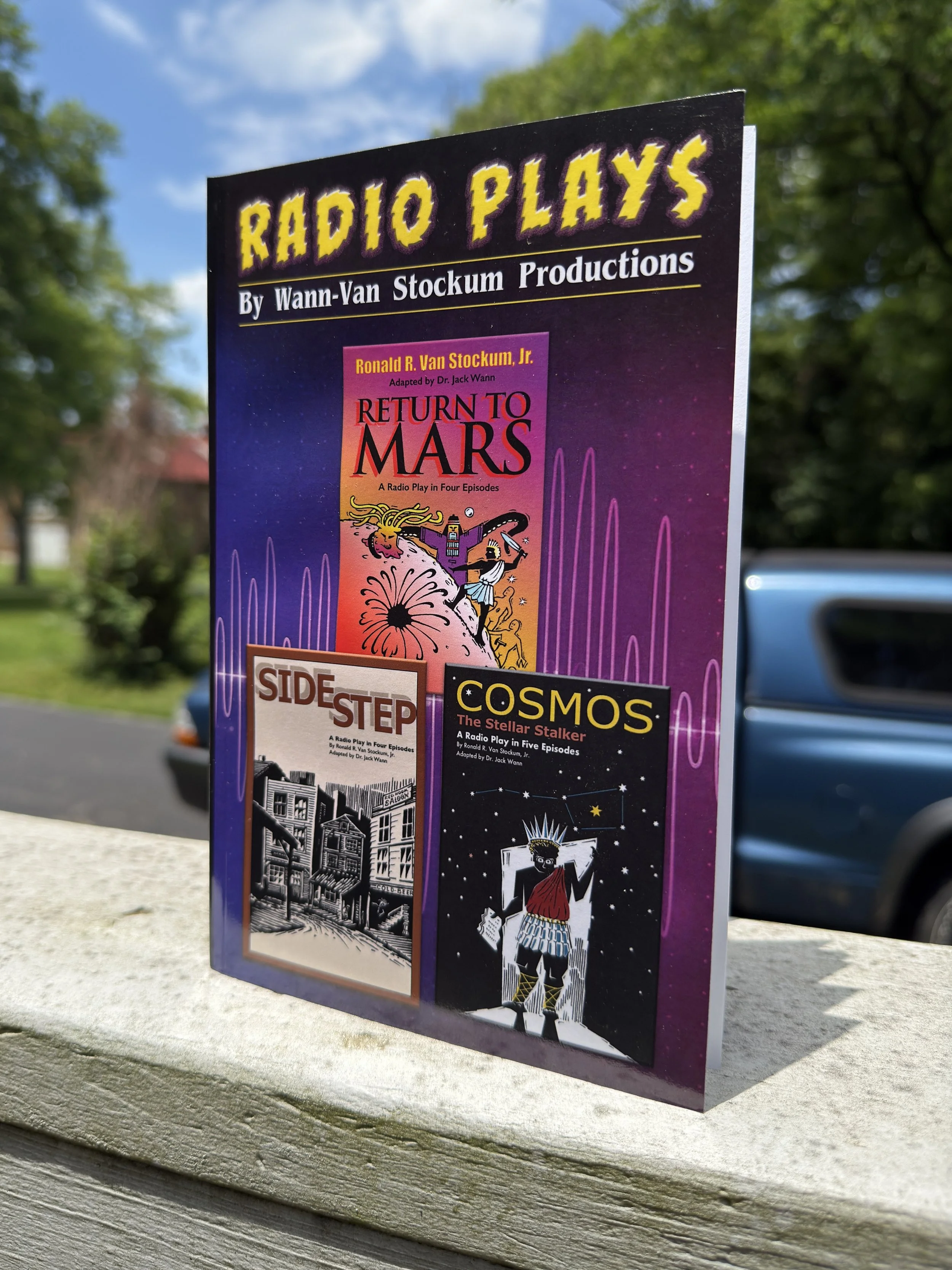 A colorful book promoting radio plays by Wann-Van Stockum Productions, featuring titles such as 'Return to Mars', 'Side Step', and 'Cosmos', with illustrations and bold text.