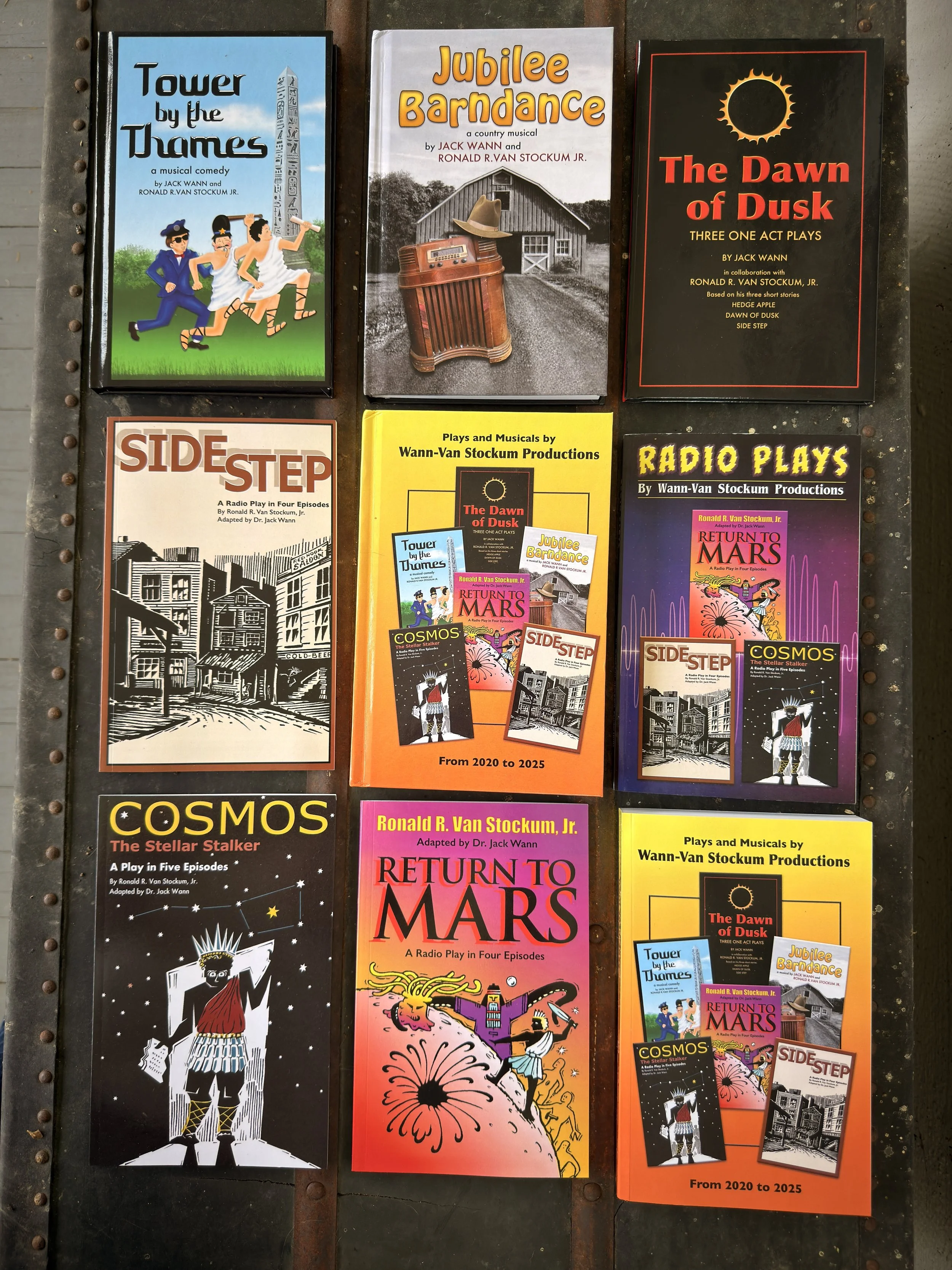 Collection of play scripts and musicals by Jack Wann and Ronald R. Van Stockum Jr., including titles like "Tower by the Thames," "Jubilee Barndance," "The Dawn of Dusk," "Side Step," and "Return to Mars." The covers feature illustrations of buildings, a radio, a barn, and abstract artwork, with a mix of black-and-white and colorful designs.