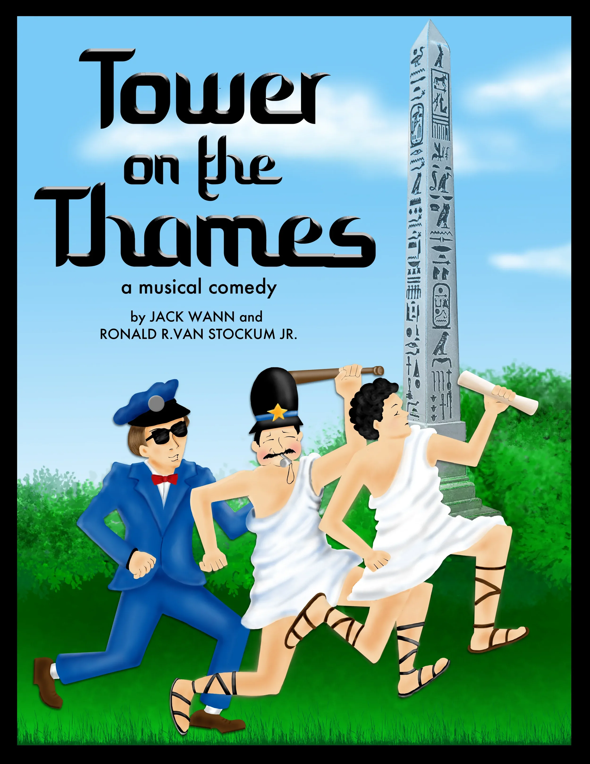 Promotional poster for "Oklahoma!" musical comedy featuring cartoon characters dressed as a cowboy, a police officer, and a woman in a toga running in front of Mount Rushmore with the title "Tower on the Times" and details of the creators.