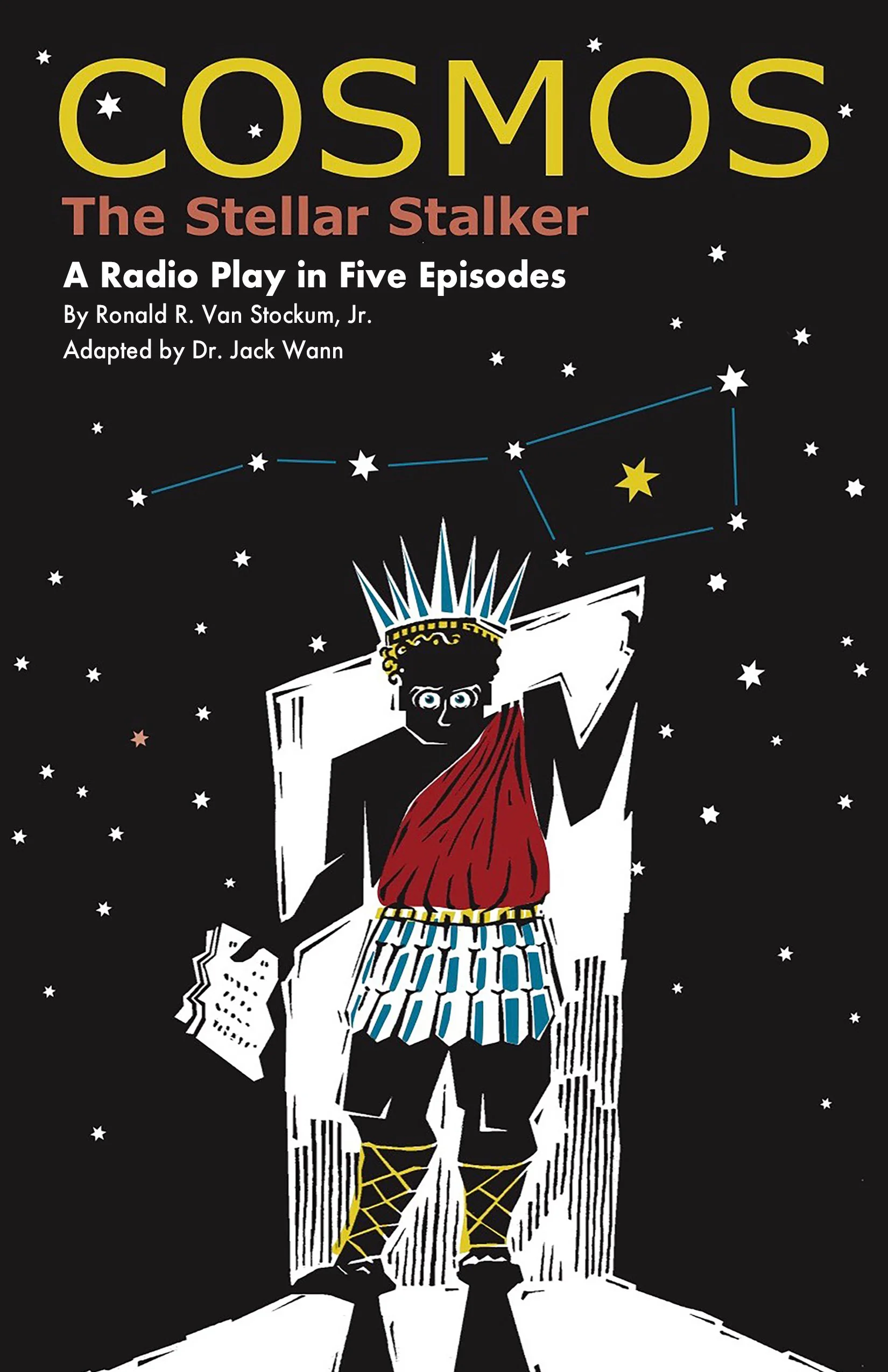 A cartoon illustration of a figure sitting on a throne with a newspaper in hand, wearing a crown made of spikes, and surrounded by stars and space elements. The style is bold with black, white, and bright accent colors.