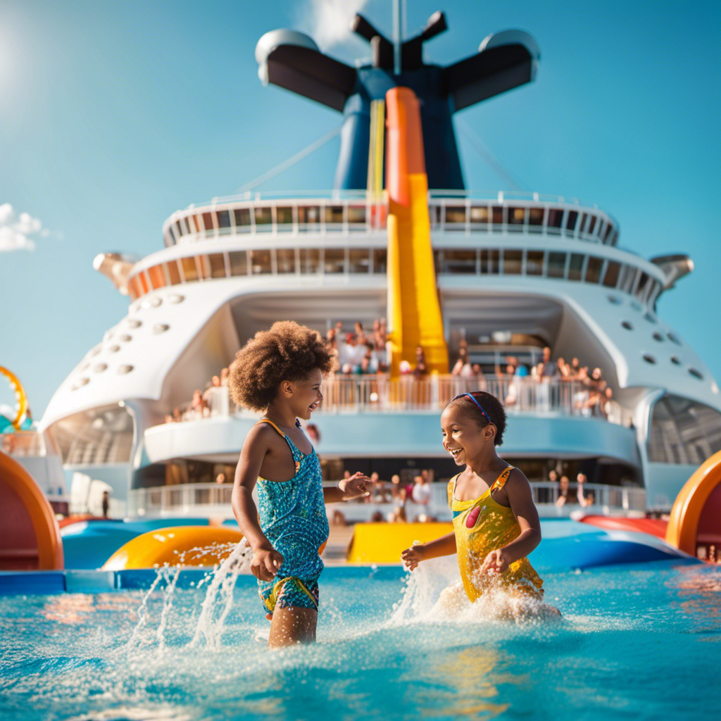 Two young girls playing and smiling in a pool on a cruise ship with a large water slide and deck in the background.
