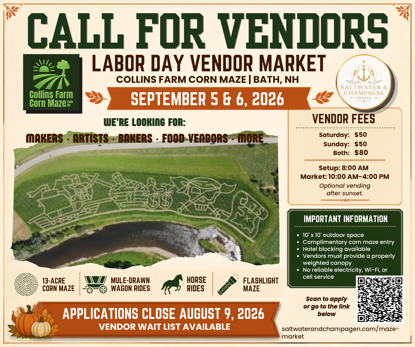 Announcement for vendor market at Collins Farm Corn Maze in Bath, New Hampshire, on September 5 and 6, 2026, seeking makers, artists, bakers, food vendors, with details on fees, setup, and market hours.