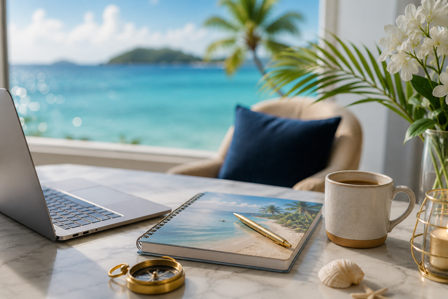 A workspace with a laptop, a spiral notebook with a beach and palm trees cover, a gold pen, a cup of coffee, a seashell, a gold compass, and a white flower arrangement on a marble table, overlooking a beach with turquoise waters, a palm tree, and a blue sky.