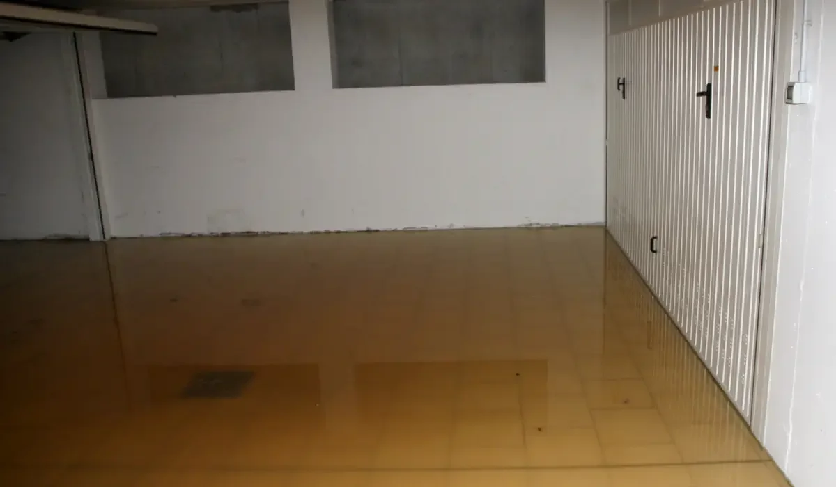 Standing water flooding a basement floor