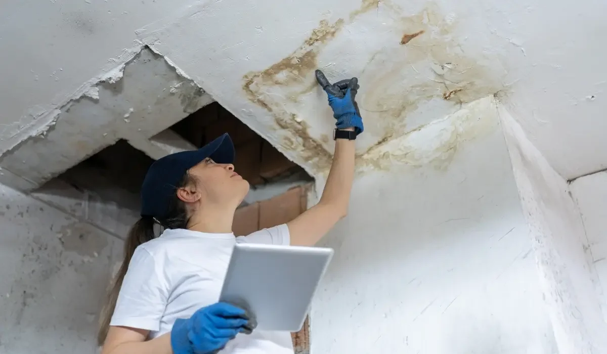 Inspector examining water damage on a ceiling