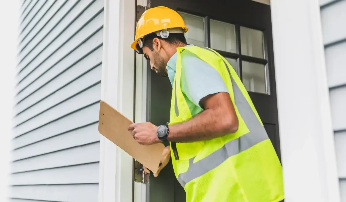 Contractor in a hard hat inspecting door hinge