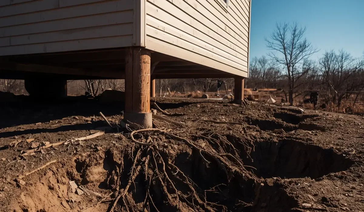 Home with settling soil exposing an uneven crawl space foundation
