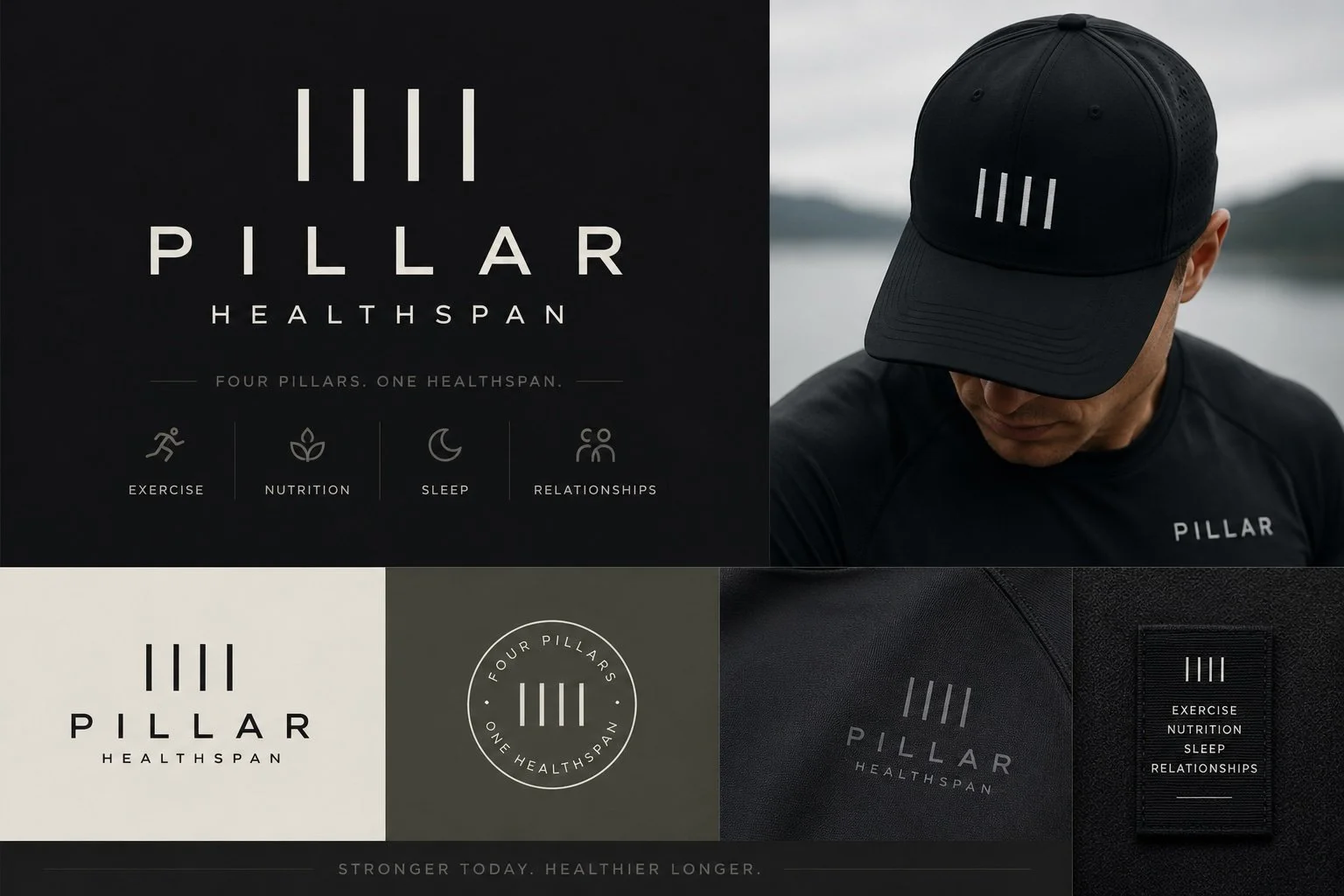 Collage of promotional images for PILLAR HEALTHSPAN, featuring logo designs, a man wearing a black cap with the logo, and a shirt with the logo on it. The logo includes four vertical lines above the word "PILLAR" and the tagline "Four Pillars, One Healthspan" with icons for exercise, nutrition, sleep, and relationships.
