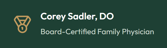 Business card for Corey Sadler, DO, a board-certified family physician, with a green background and a medical medal icon.