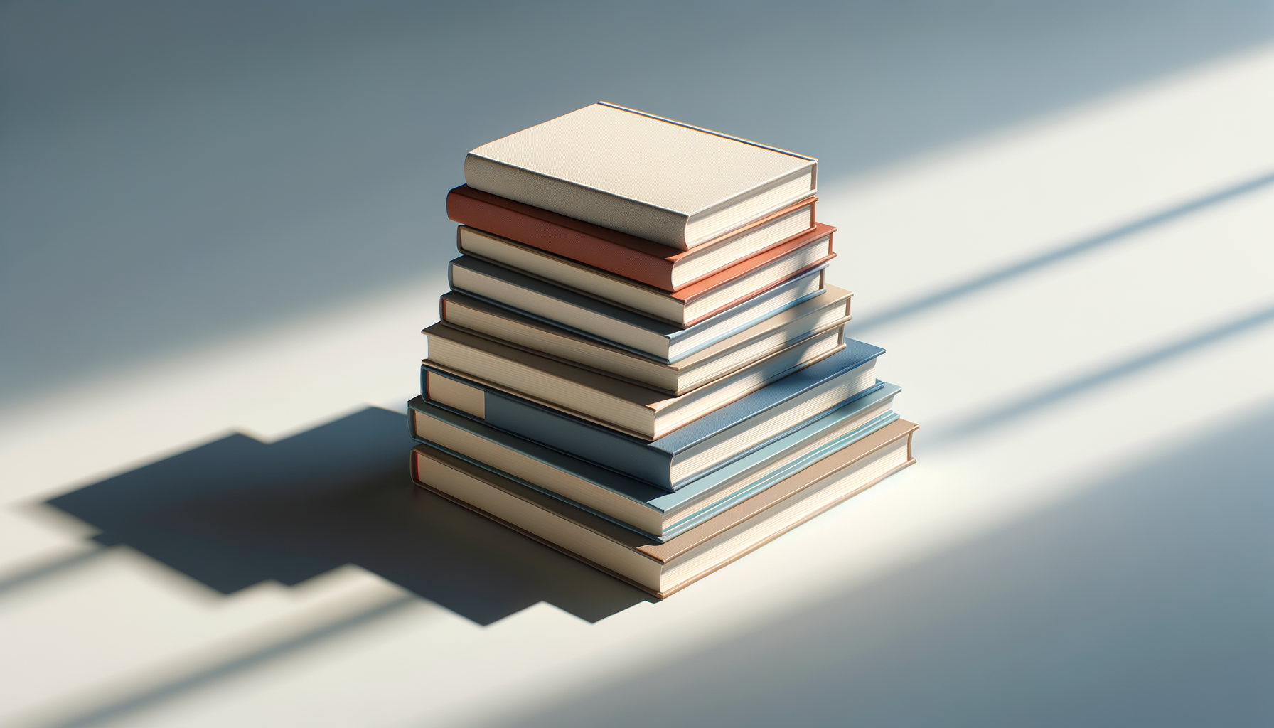 Stack of hardcover books on a white surface with shadows cast from sunlight.