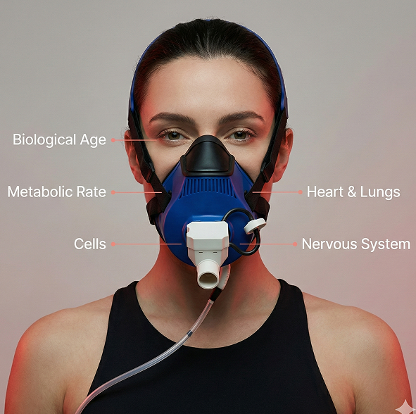 A woman wearing a breathing mask with labels pointing to different parts indicating their functions, including Biological Age, Heart & Lungs, Metabolic Rate, Cells, and Nervous System.