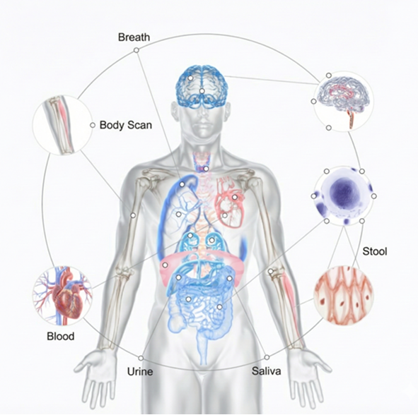 Illustration of human body showing different body functions and parts, including brain, lungs, heart, stomach, intestines, blood, urine, saliva, stool, and a body scan.