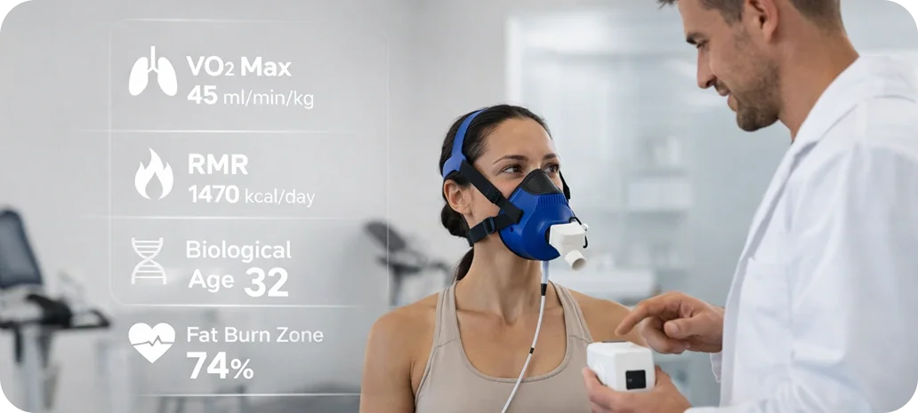 A woman wearing a face mask with sensors, talking to a man in a lab coat in a medical setting. Overlaid graphics display her health metrics, including VO2 max of 45 ml/min/kg, RMR of 1470 kcal/day, biological age of 32, and 74% fat burn zone.