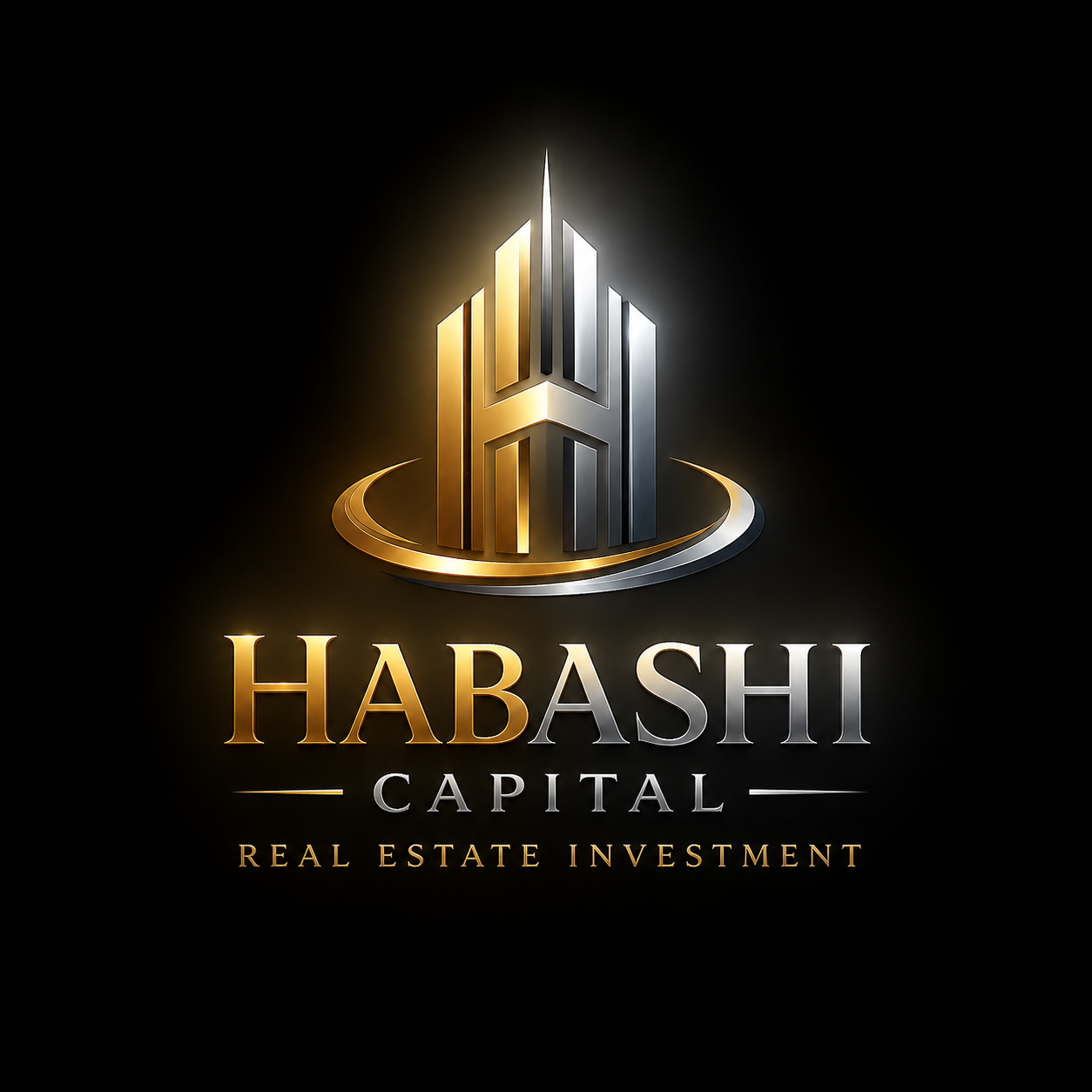Logo for Habashi Capital with a stylized 3D metallic building in gold and silver, circular base, and text indicating real estate investment