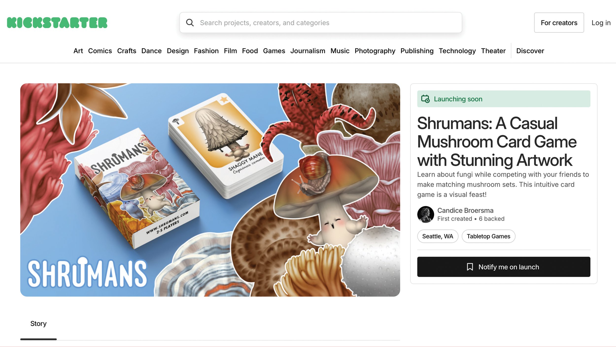 Screenshot of a Kickstarter Pre-Launch page showing illustrated mushroom characters around a card game mockup.