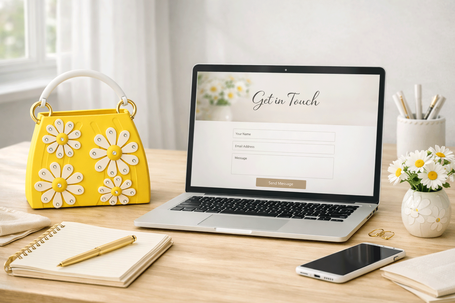 A laptop on a wooden desk displaying a contact form titled 'Get in Touch'. Surrounding the laptop are a yellow handbag with white flower decorations, a white vase with daisies, a smartphone, a gold pen on a spiral notepad, and a small puff in the background with stationery. The room is bright with natural light coming from a window.