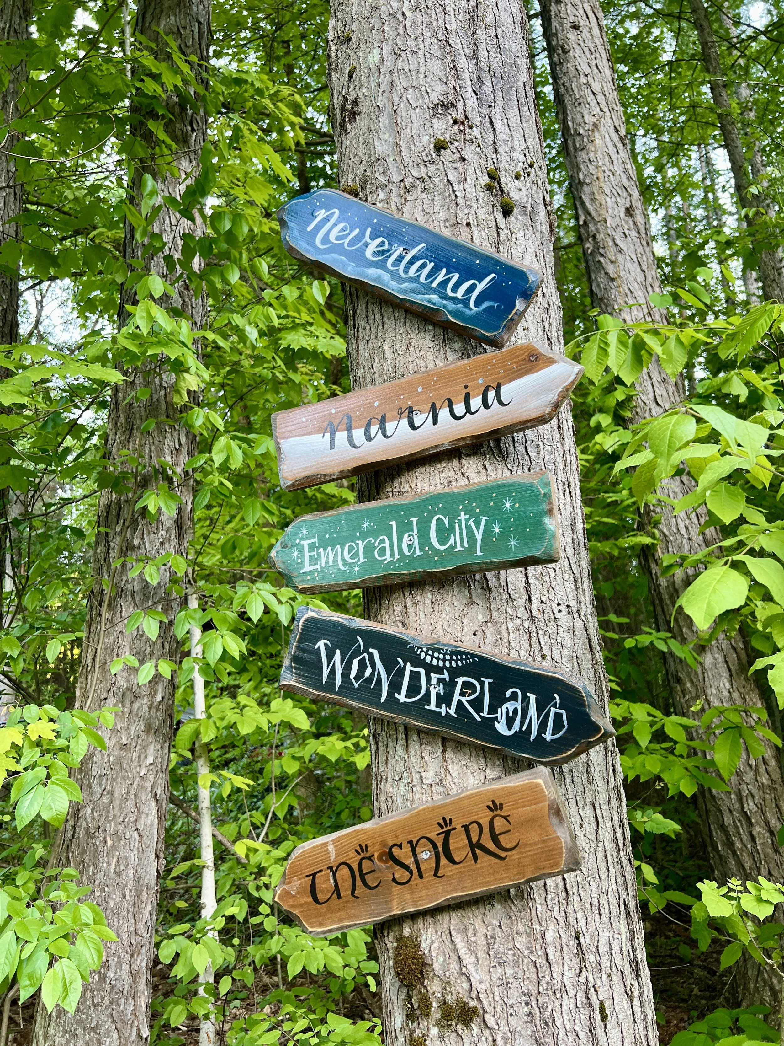 Colorful wooden signs on a tree, with the words 'Neveiland,' 'Narnia,' 'Emerald City,' and other signs, surrounded by green leaves and forest scenery.