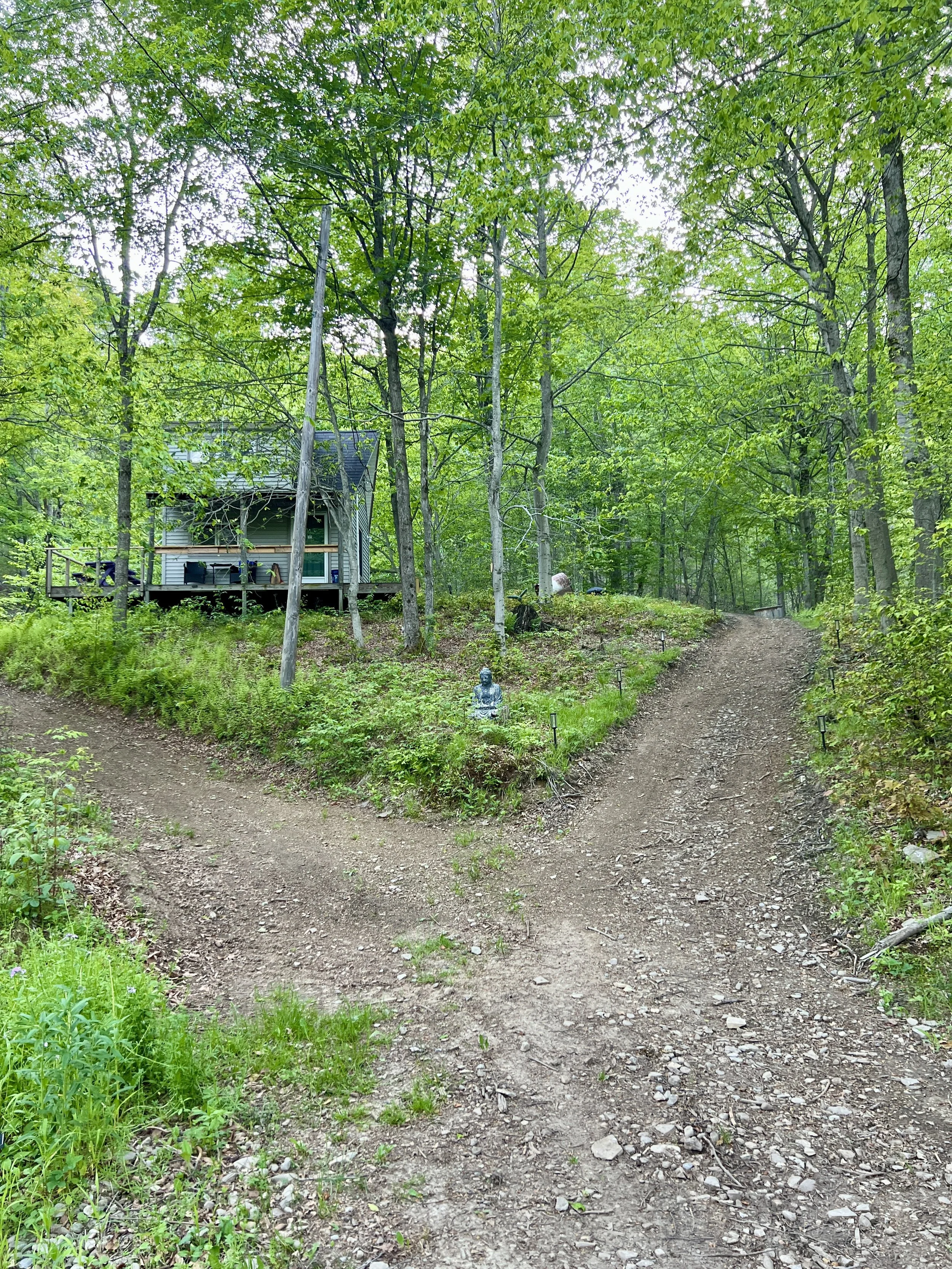 A wooded trail with dirt and small rocks, a small shrine or statue at the center, and a house elevated on stilts among green trees.