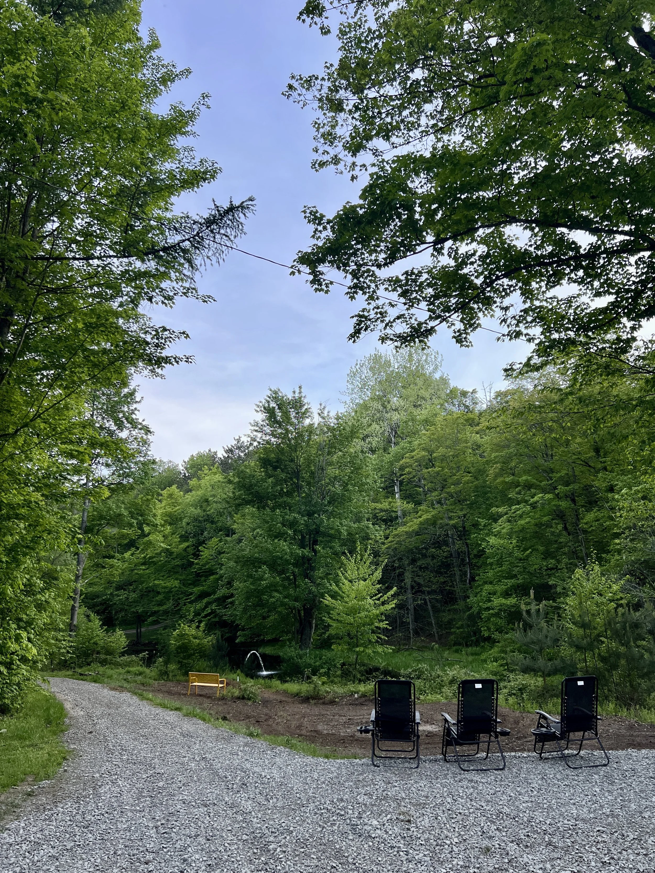 A gravel path leading to chairs and a yellow bench in a small clearing surrounded by lush green trees under a partly cloudy sky.