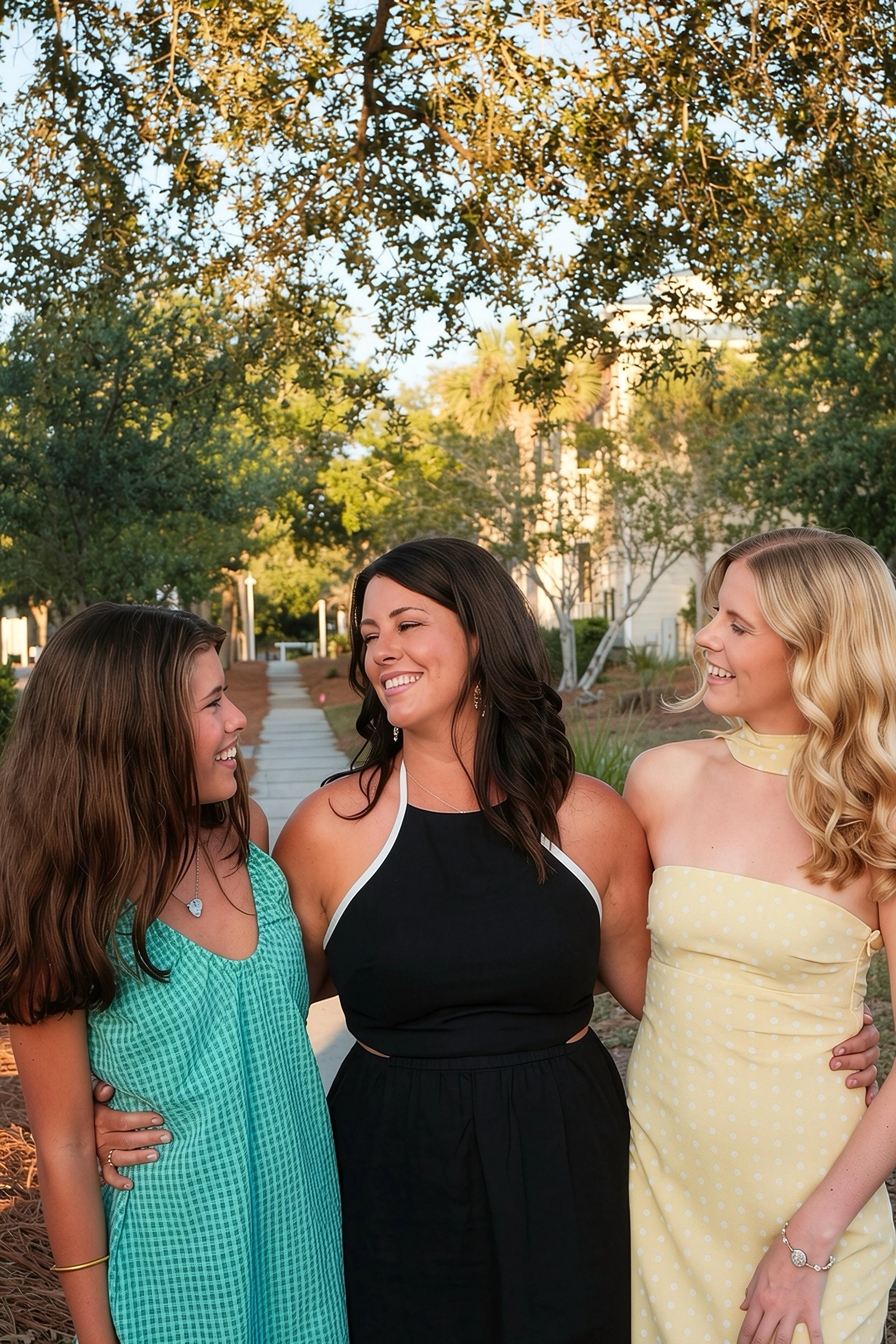 Four women standing closely together outdoors, smiling and talking, with trees and a sidewalk in the background.