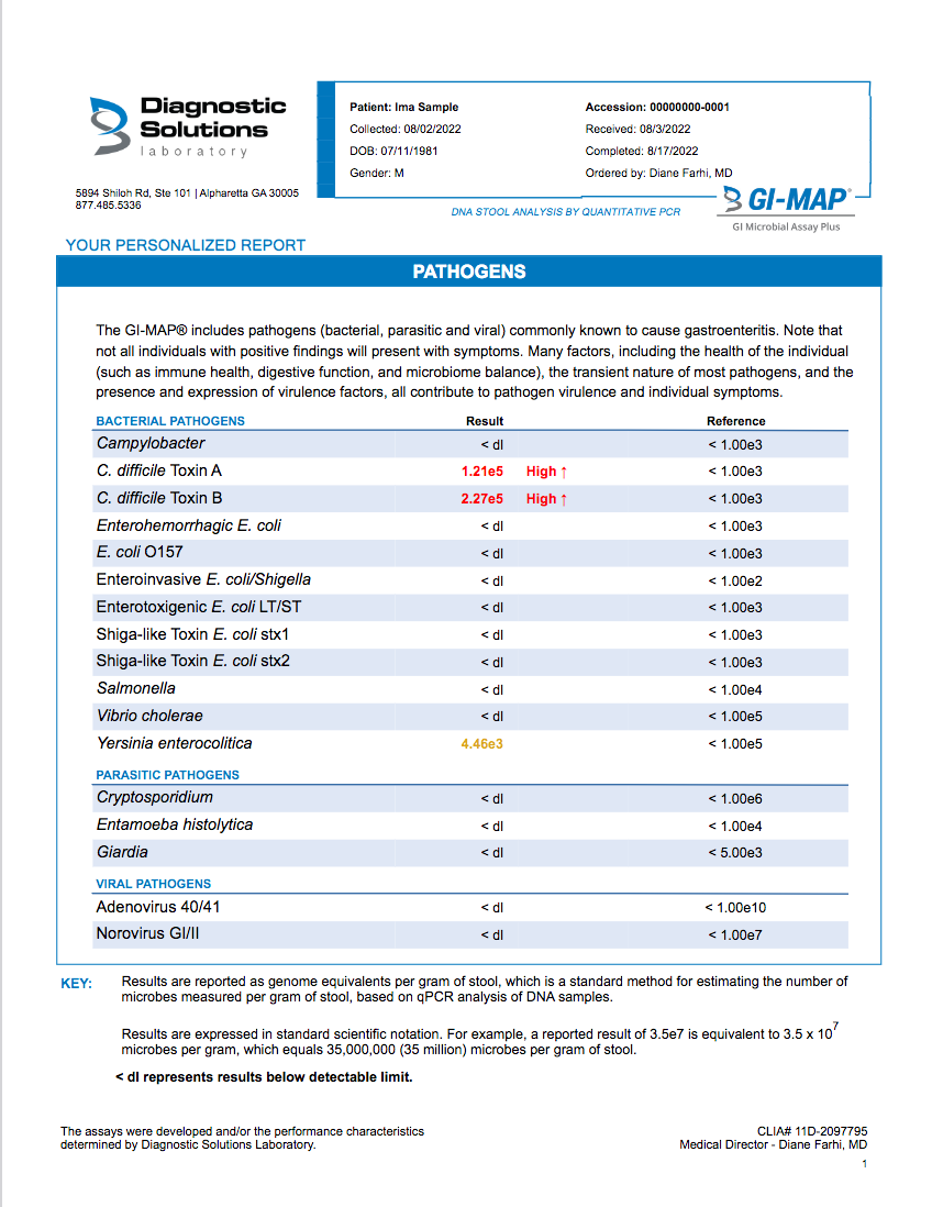 A comprehensive medical lab report from Diagnostic Solutions Laboratory, showing pathogen analysis in a stool sample for a patient named Ima Sample, including bacterial, parasitic, and viral pathogen results.