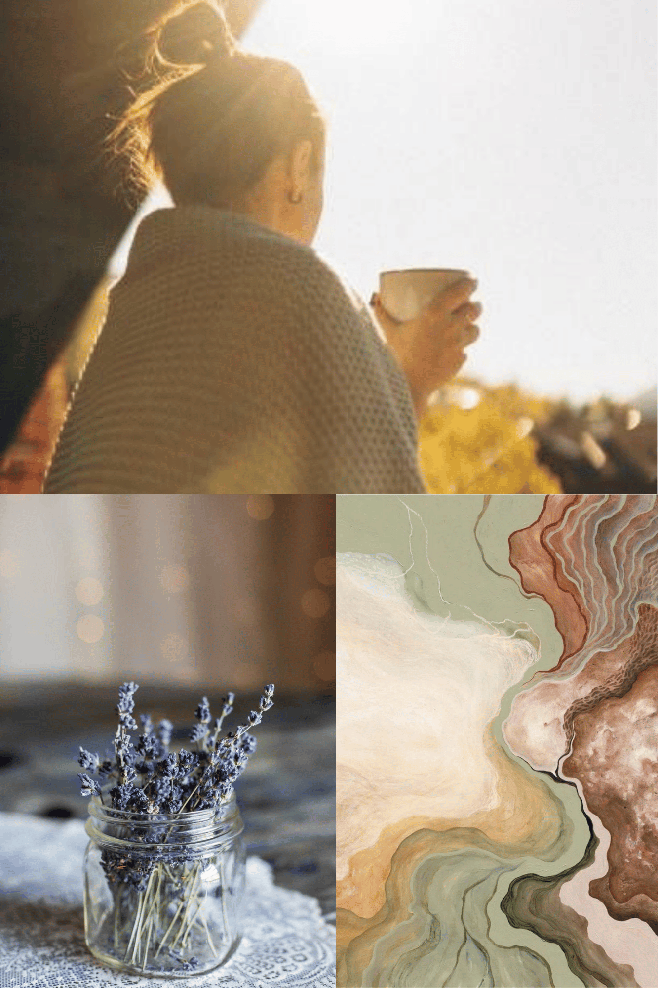 A woman with hair in a messy bun, wearing a sweater, holding a mug and drinking coffee or tea outdoors during sunset, with trees in the background and a splattered abstract design on the right side of the image.