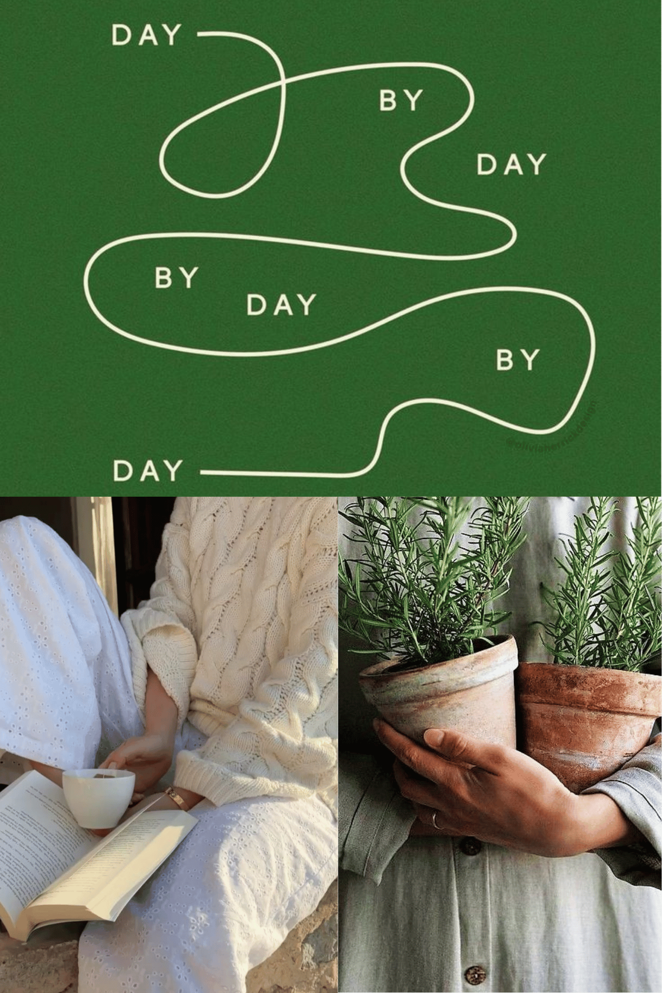 A collage of three images. The top image shows a green background with white text that says "Day by Day" in a whimsical font. The bottom left image depicts two people sitting outdoors, one in a white eyelet dress and the other in a cream-colored cable knit sweater, reading a book and holding a cup. The bottom right image shows a person holding three potted rosemary plants in their hands, with two in terracotta pots and one in a rustic ceramic pot.