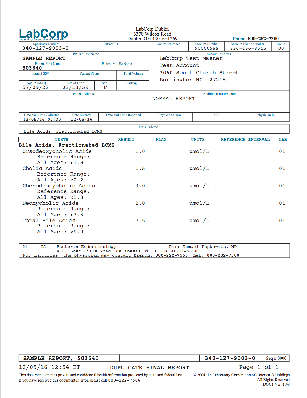 Laboratory report showing bile acid test results for a patient, including measurements for urso deoxycholic, cholic, chenodeoxycholic, and deoxycholic acids, with reference ranges and units.
