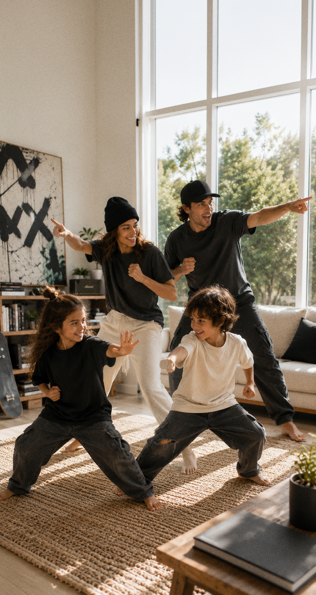 A family of two kids and two adults dancing and playing cheerfully in a living room with large windows, sunlight, and modern decor.
