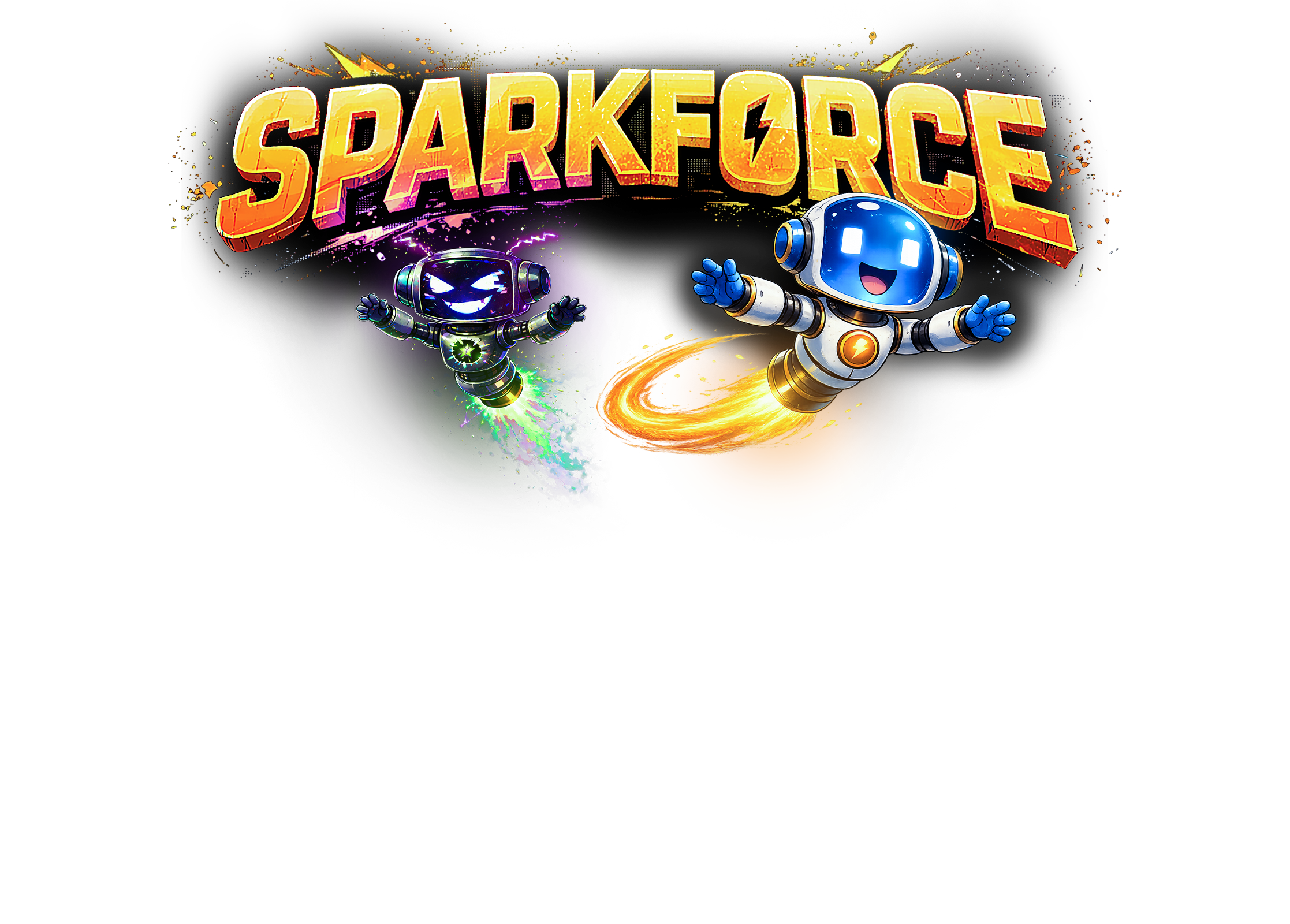 Colorful logo for the show 'Sparkforce' featuring two cartoon-style robots with smiling faces, one purple with a glowing green core and the other blue with a yellow lightning bolt symbol, amidst a cosmic background with sparks and lightning.