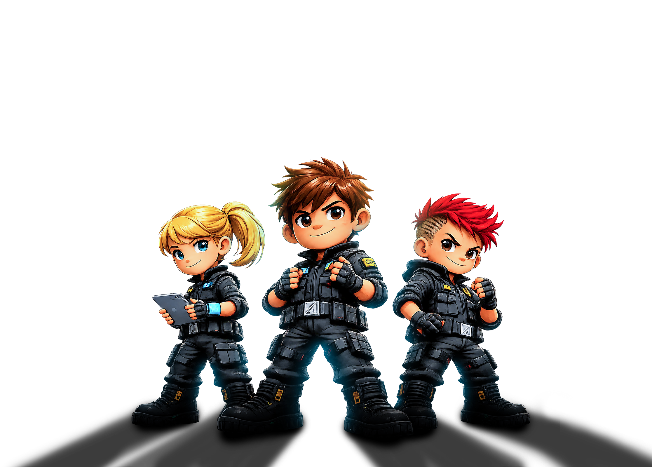 Three animated children dressed as Sparkforce agents standing with confident poses.