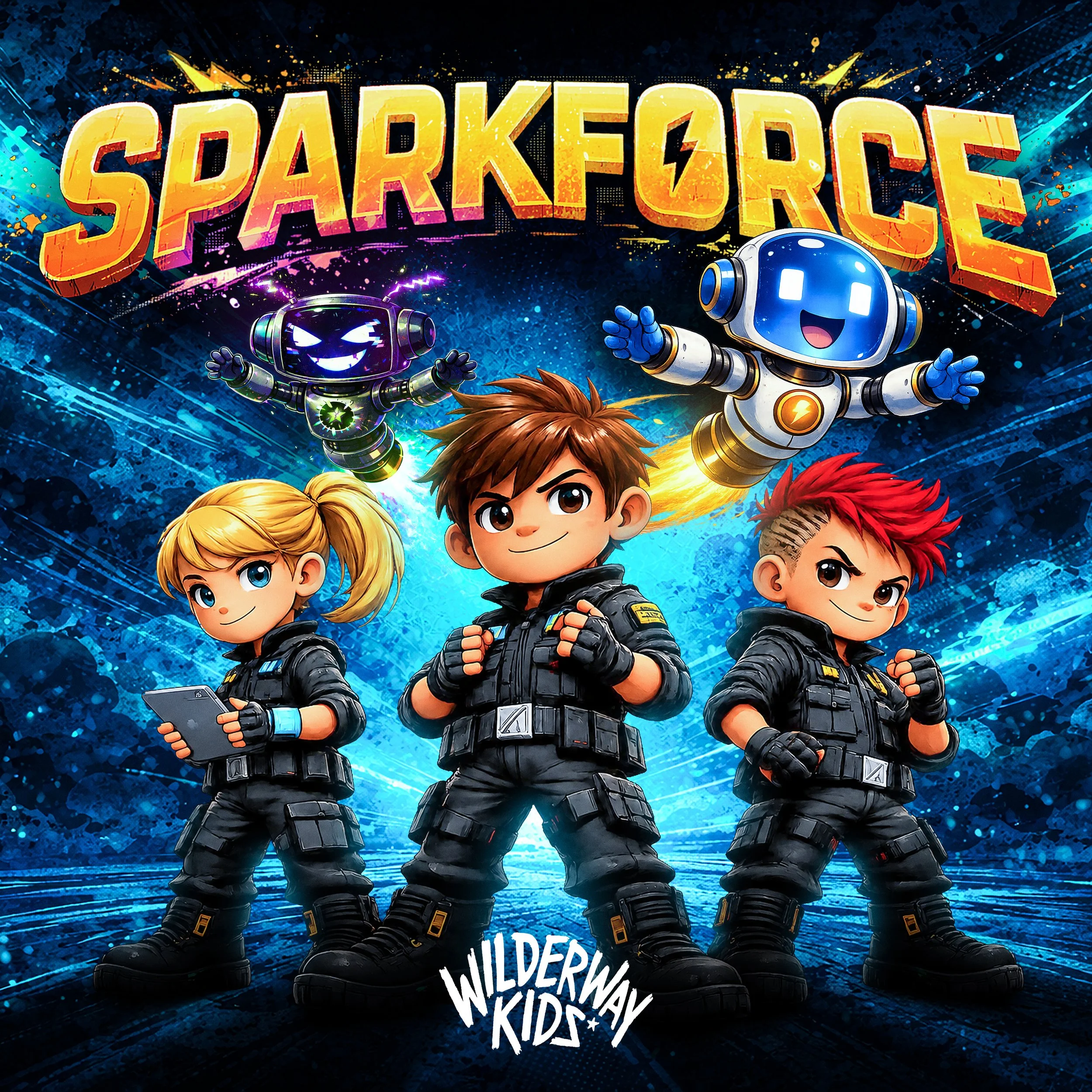 Colorful illustration for the Wilderway Kids show 'Sparkforce'. It features agents, Robot Rigs, Glitch, the title 'Sparkforce' and the Wilderway Kids logo.