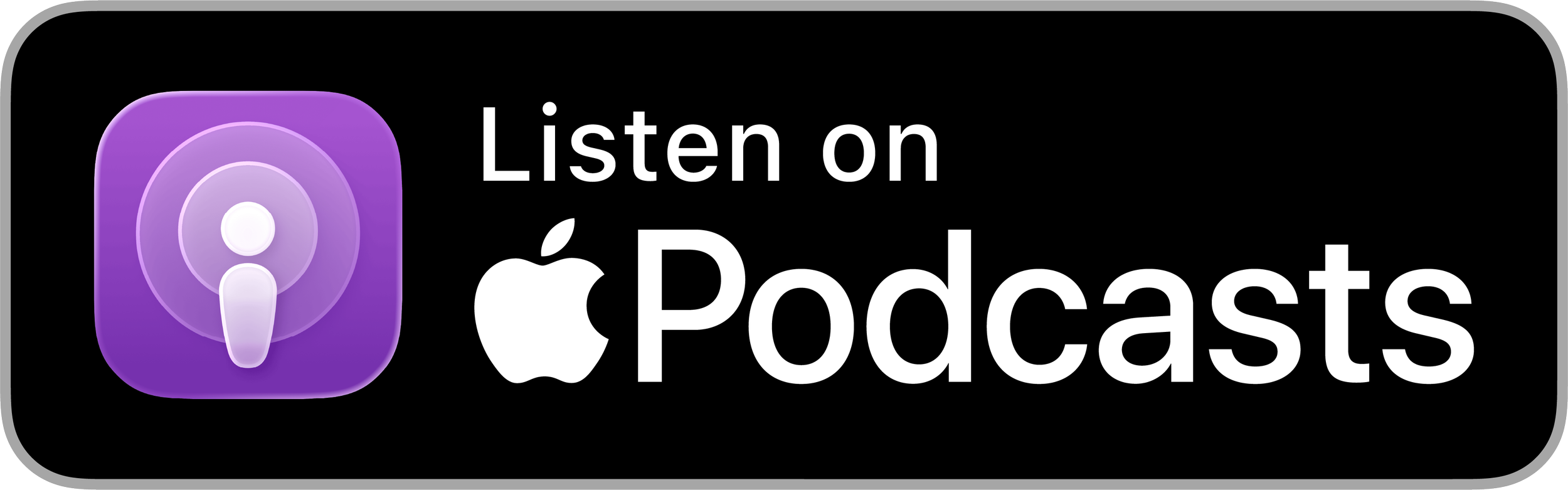 Apple Podcast app icon with purple background and white microphone symbol, with text 'Listen on Apple Podcasts' in white on a black background.