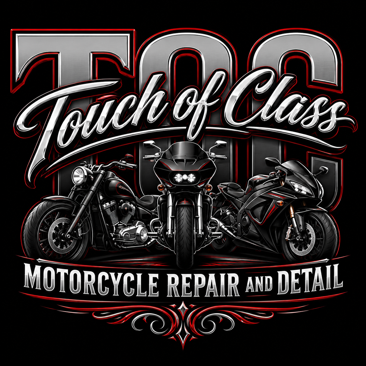 Black background with three shiny black motorcycles featuring red accents, and text that says 'Touch of Class' and 'Motorcycle Repair and Detail' in a stylish, metallic font.