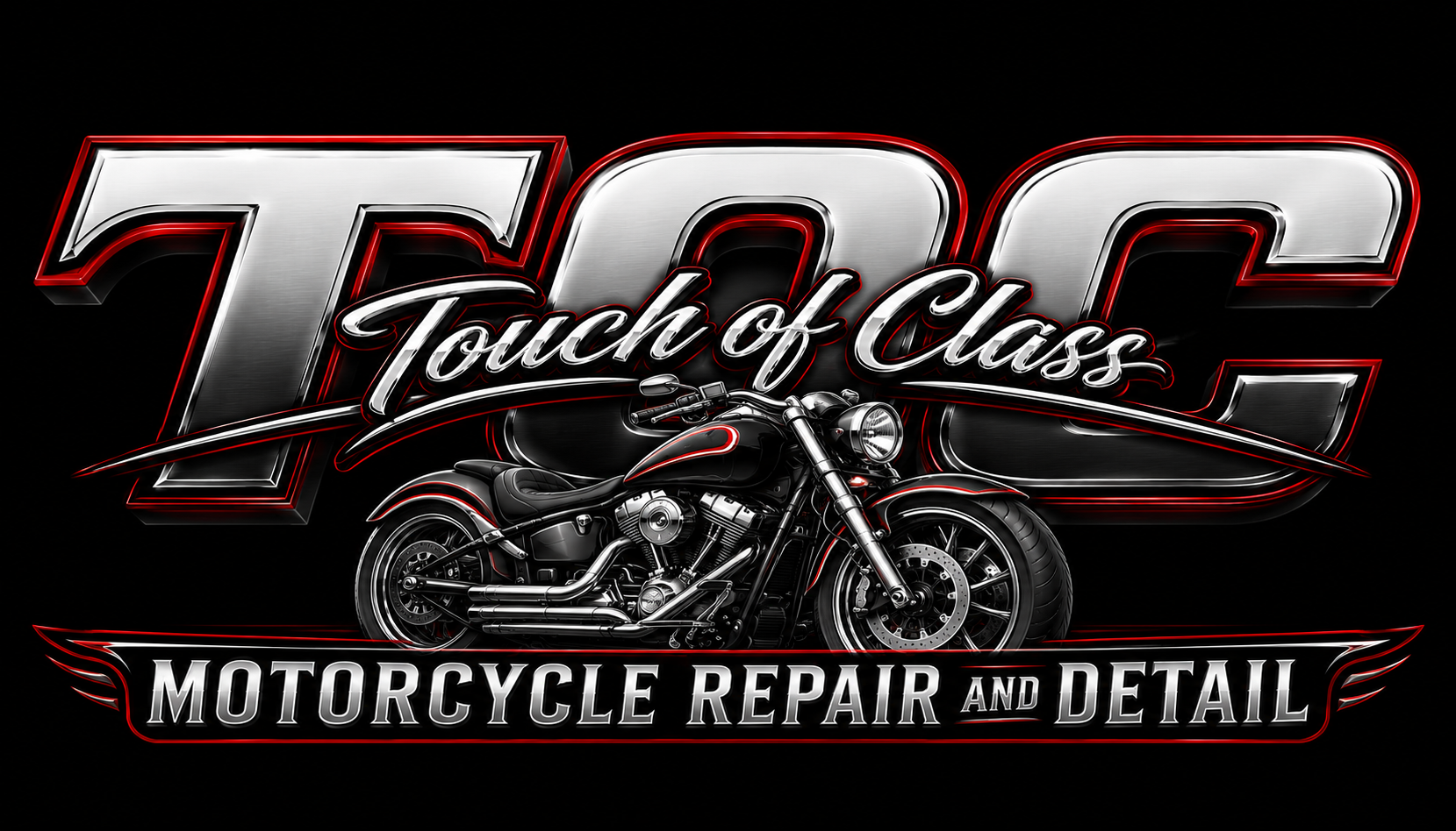 Logo for 'Touch of Class 702' motorcycle repair and detailing, featuring a black motorcycle with chrome details against a black background with stylized red, white, and silver text.