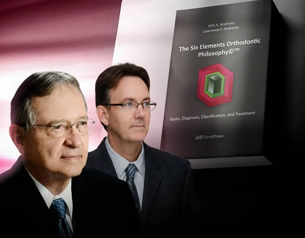 Two men in suits and glasses standing in front of a large book titled 'The Six Elements Orthodontic Philosophy' and a pink and green hexagon graphic.