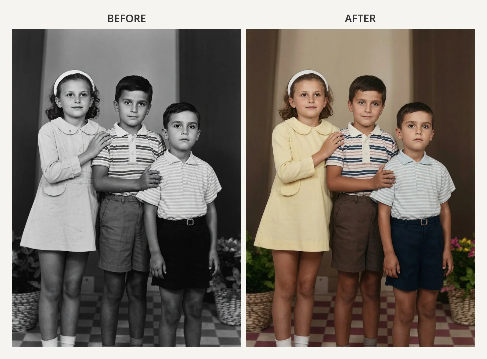 Black and white photo restored to color — three kids