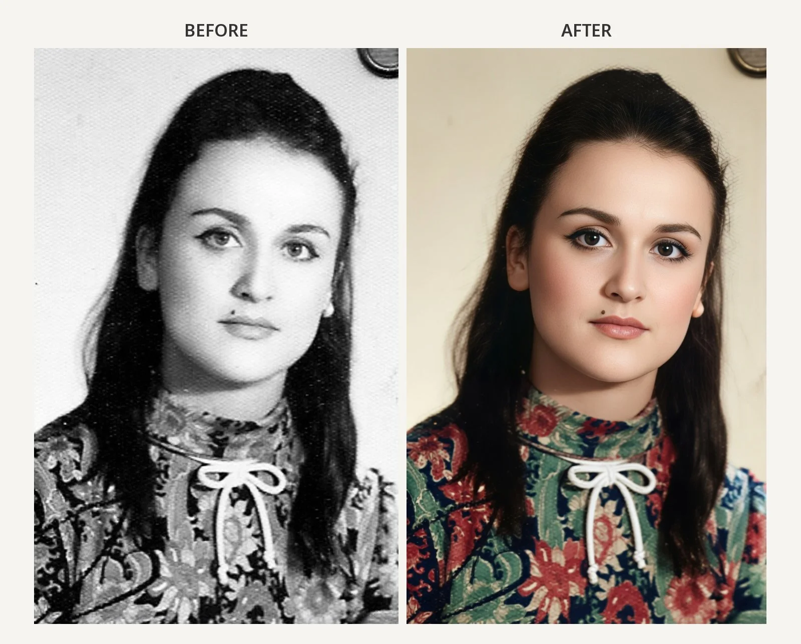 Black and white photo restored to color — long-haired woman