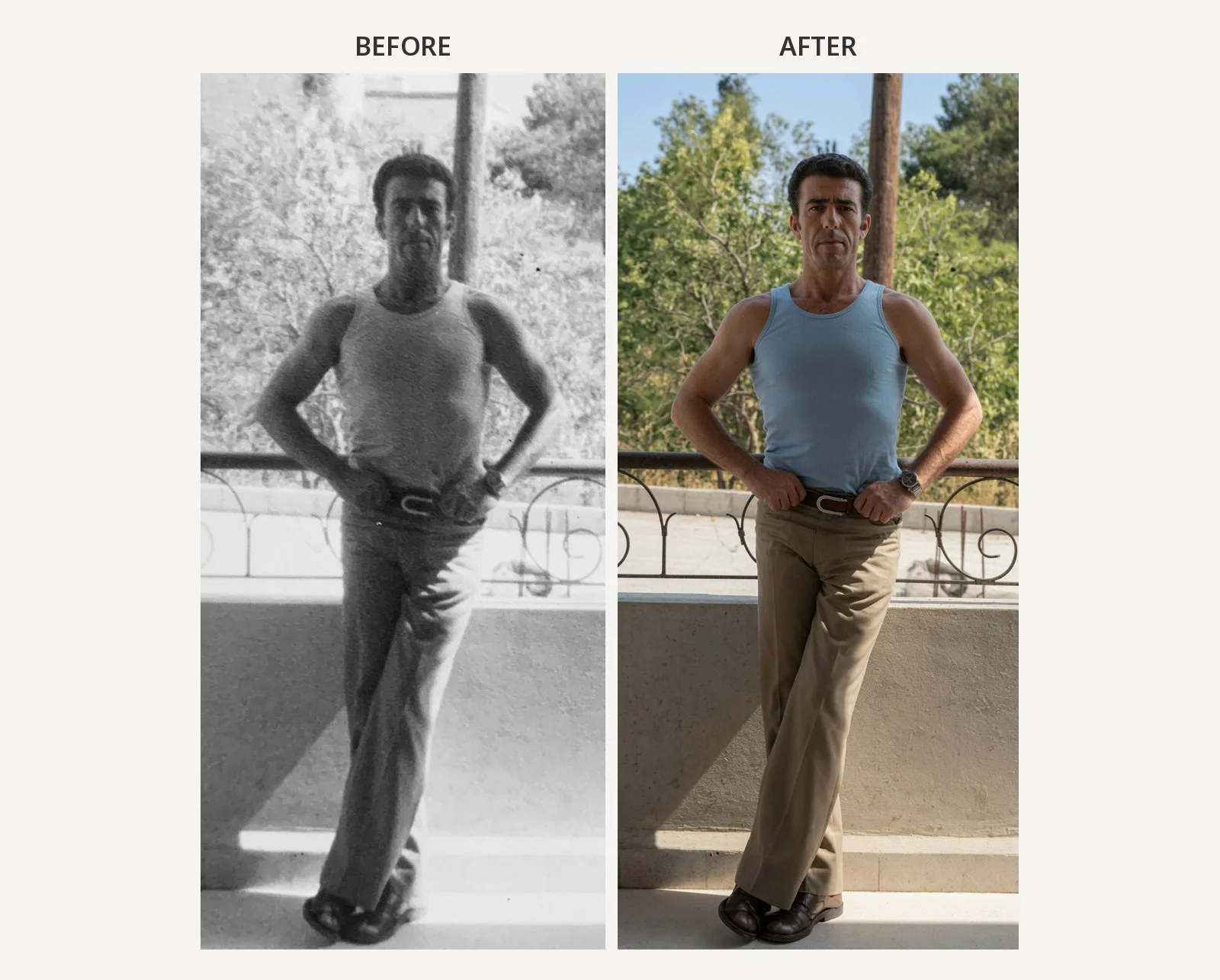 Black and white photo restored to color — balcony man