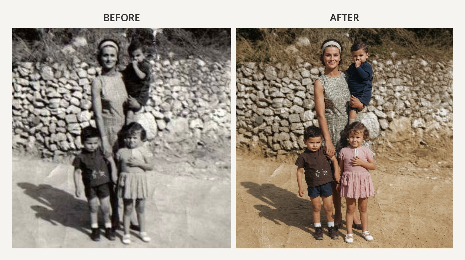 Black and white photo restored to color — stone wall family