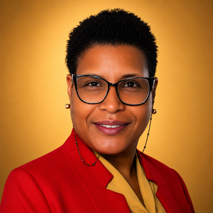 A woman with short curly hair wearing glasses, a red blazer, and gold earrings with a gold background.
