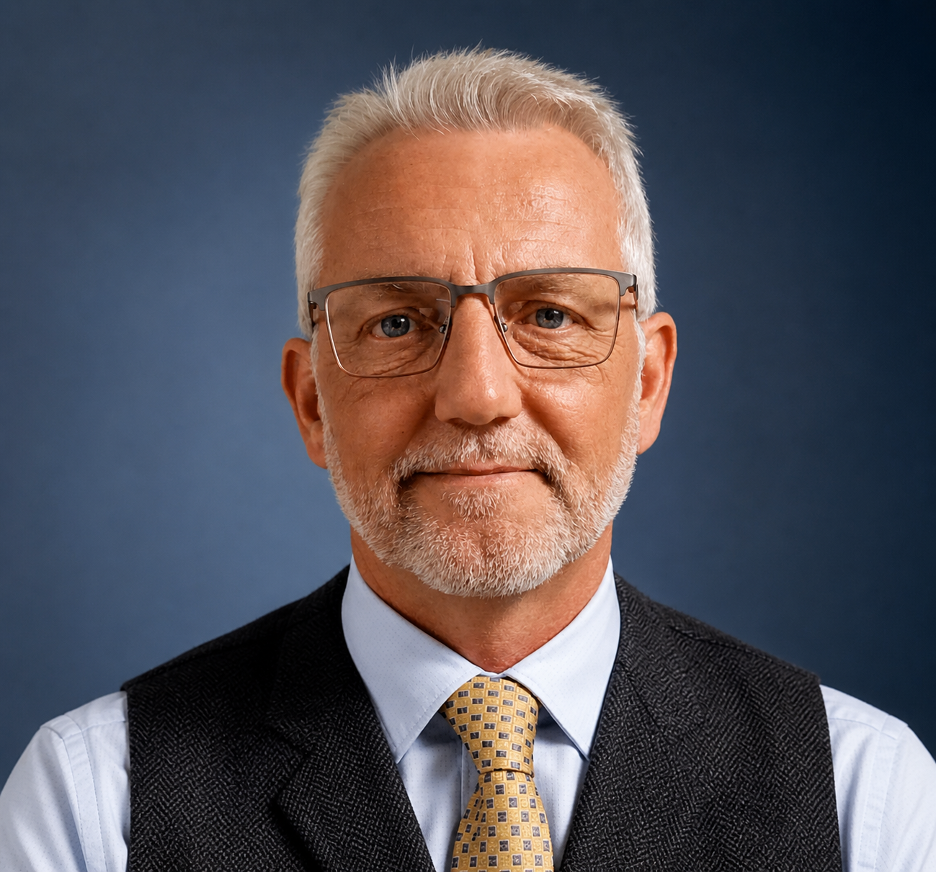 A senior man with white hair, glasses, and a beard in a professional suit and tie, posing against a dark blue background.
