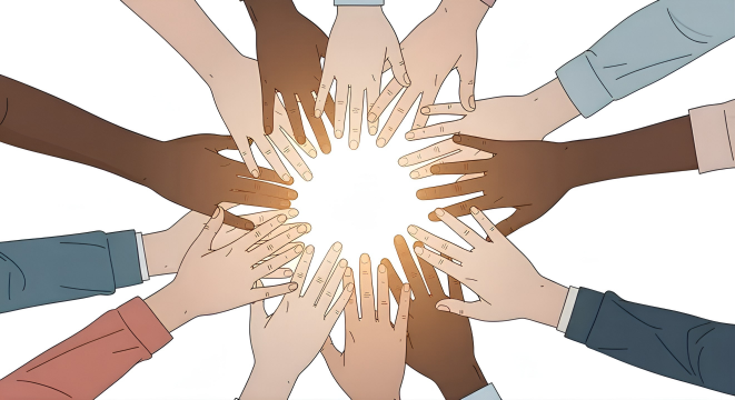 Multiple diverse hands reaching toward the center, forming a circle.