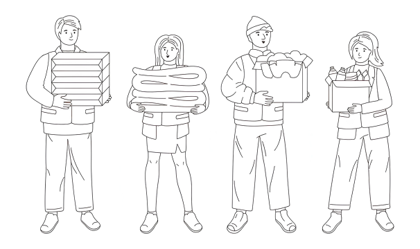 Illustration of four people holding boxes of varying items.