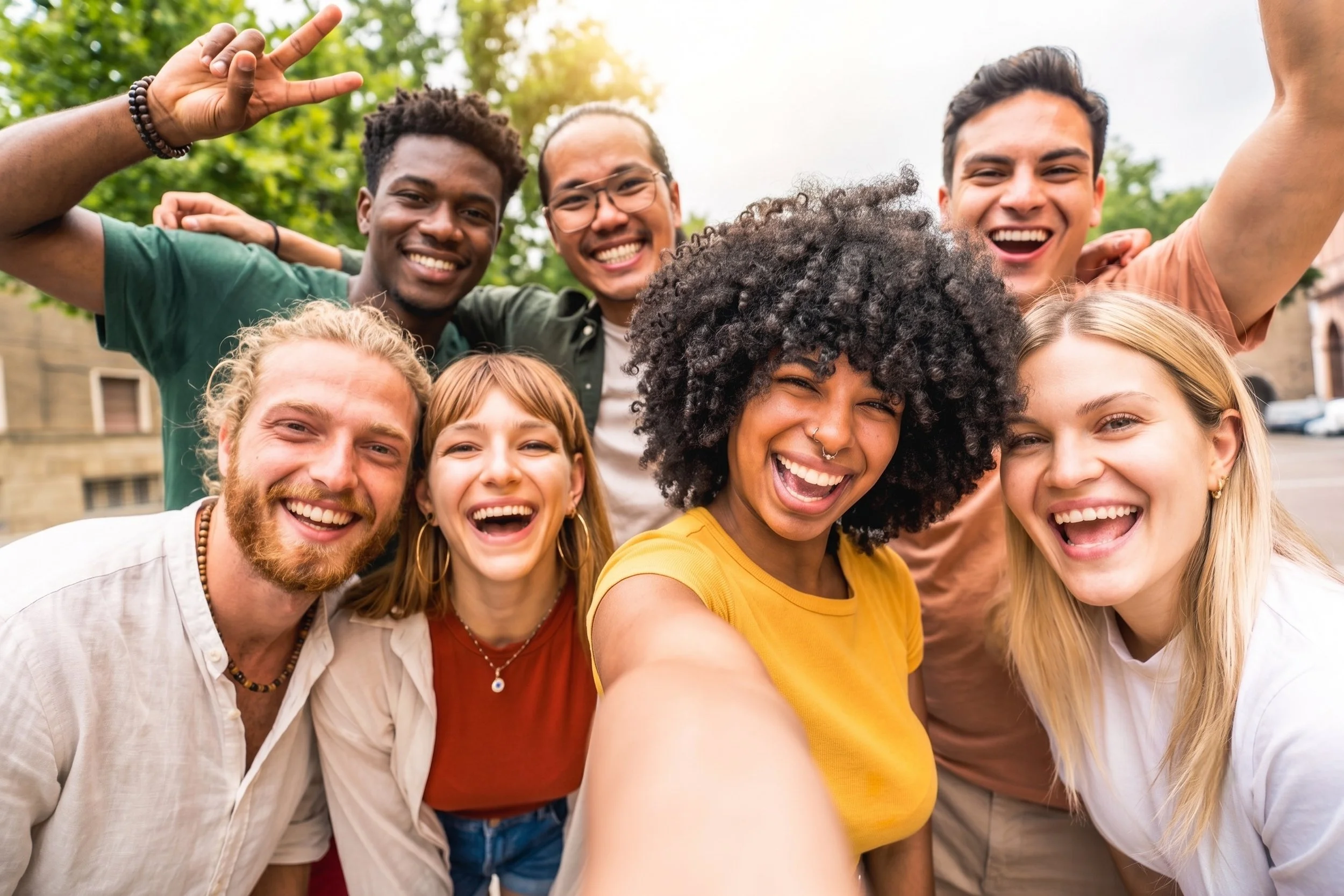 A diverse group of smiling people taking a selfie outdoors, with trees and a building in the background.
